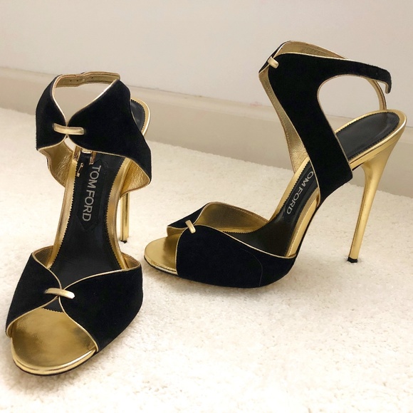 TOM FORD Black & Gold Platino Strappy Heels Suede and Leather Size 9 - Picture 1 of 4